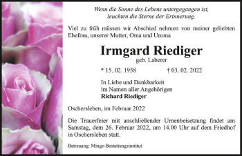 Traueranzeige von Irmgard Riediger (geb. Laberer)  von Magdeburger Volksstimme
