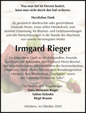 Traueranzeige von Irmgard Rieger  von Magdeburger Volksstimme