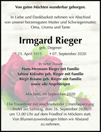 Traueranzeige von Irmgard Rieger (geb. Degener)  von Magdeburger Volksstimme