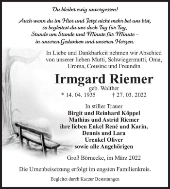 Traueranzeige von Irmgard Riemer (geb. Walther)  von Magdeburger Volksstimme