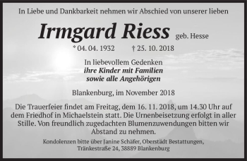 Traueranzeige von Irmgard Riess  (geb. Hesse)  von Magdeburger Volksstimme