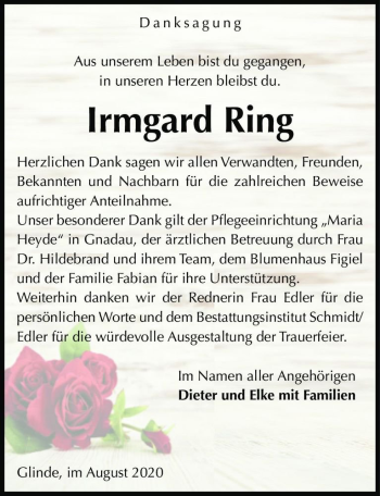 Traueranzeige von Irmgard Ring  von Magdeburger Volksstimme