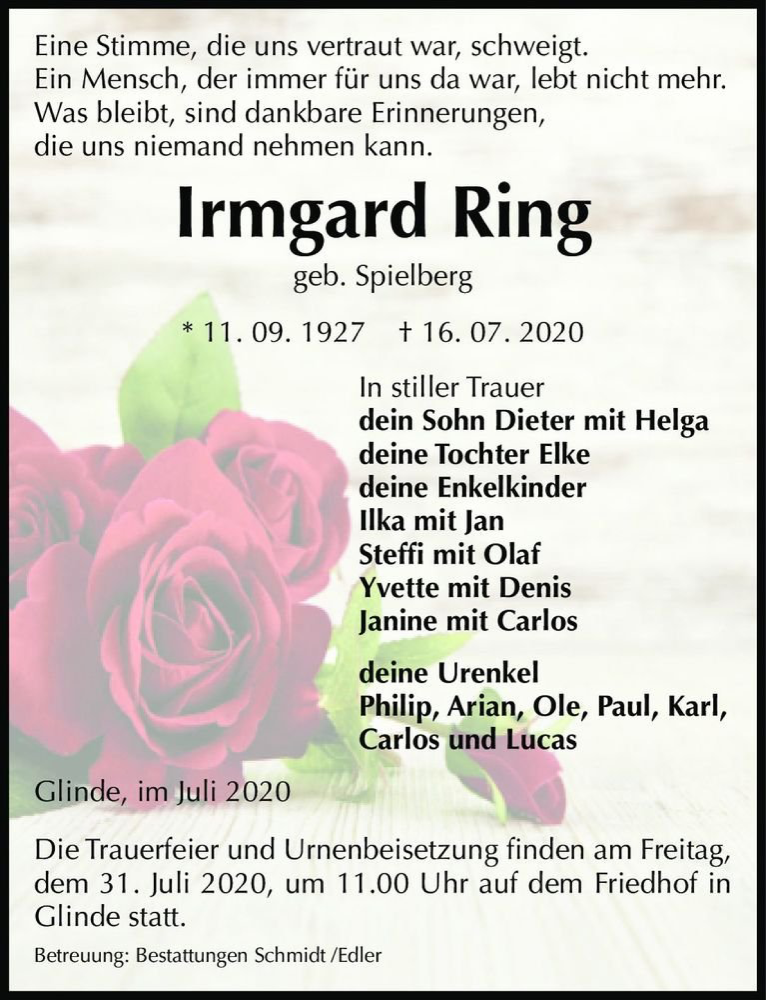  Traueranzeige für Irmgard Ring (geb. Spielberg)  vom 25.07.2020 aus Magdeburger Volksstimme