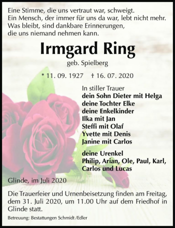 Traueranzeige von Irmgard Ring (geb. Spielberg)  von Magdeburger Volksstimme
