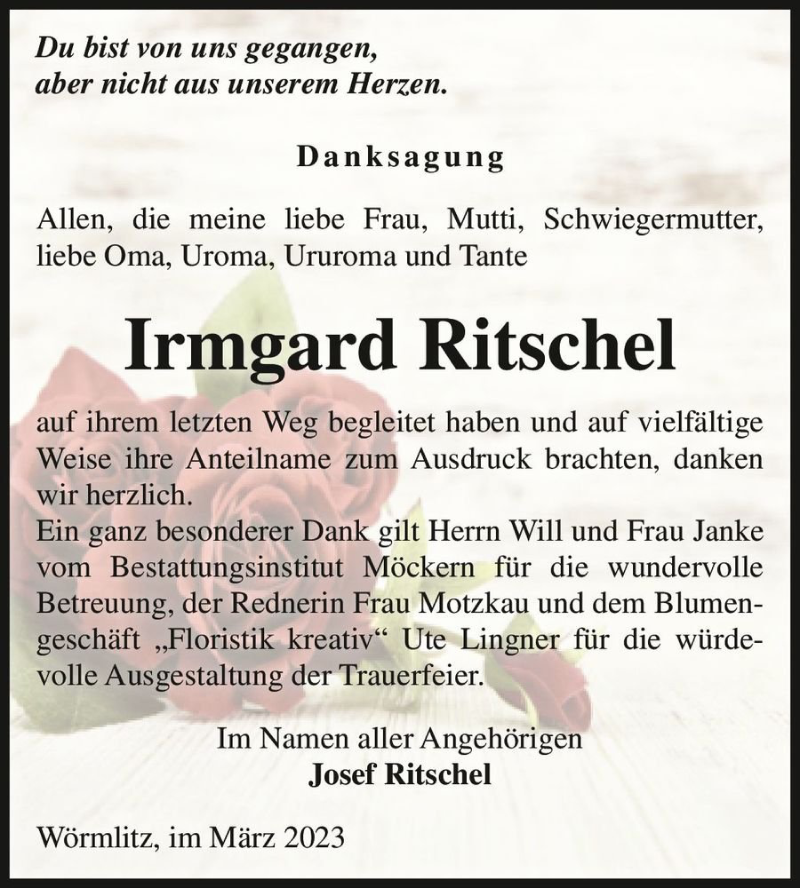  Traueranzeige für Irmgard Ritschel  vom 11.03.2023 aus Magdeburger Volksstimme