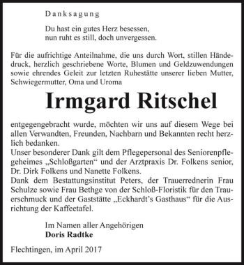 Traueranzeige von Irmgard Ritschel  von Magdeburger Volksstimme