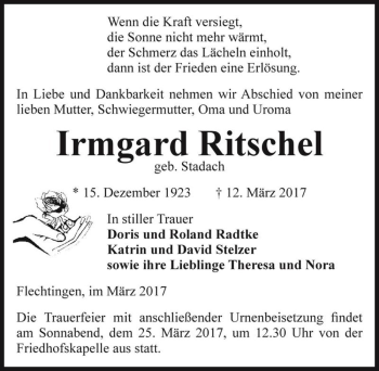 Traueranzeige von Irmgard Ritschel (geb. Stadach)  von Magdeburger Volksstimme
