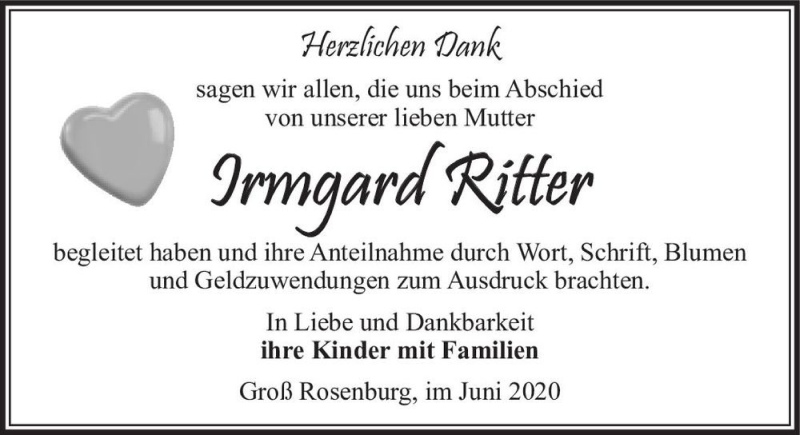  Traueranzeige für Irmgard Ritter  vom 20.06.2020 aus Magdeburger Volksstimme