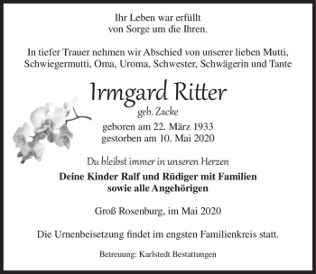 Traueranzeige von Irmgard Ritter (geb. Zacke)  von Magdeburger Volksstimme