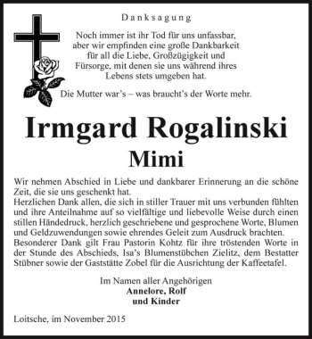 Traueranzeige von Irmgard Rogalinski 