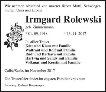 Traueranzeige von Irmgard Rolewski (geb. Zimmermann)  von Magdeburger Volksstimme