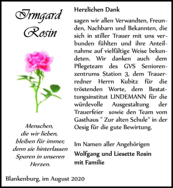Traueranzeige von Irmgard Rosin  von Magdeburger Volksstimme