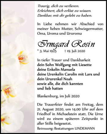 Traueranzeige von Irmgard Rosin  von Magdeburger Volksstimme
