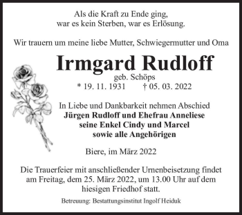 Traueranzeige von Irmgard Rudloff (geb. Schöps)  von Magdeburger Volksstimme