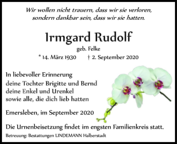 Traueranzeige von Irmgard Rudolf (geb. Felke)  von Magdeburger Volksstimme