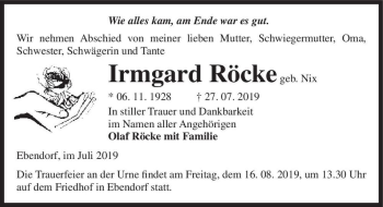 Traueranzeige von Irmgard Röcke (geb. Nix)  von Magdeburger Volksstimme