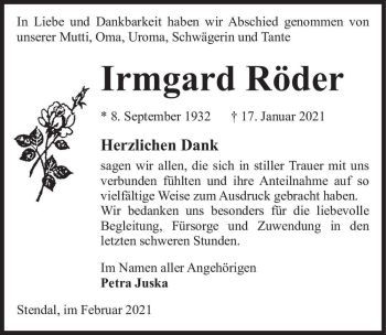 Traueranzeige von Irmgard Röder  von Magdeburger Volksstimme