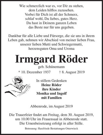 Traueranzeige von Irmgard Röder (geb. Schünemann)  von Magdeburger Volksstimme