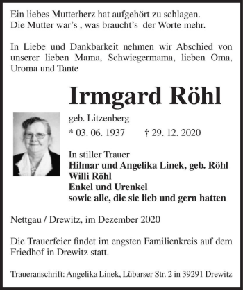 Traueranzeige von Irmgard Röhl (geb. Litzenberg)  von Magdeburger Volksstimme
