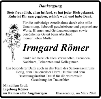 Traueranzeige von Irmgard Römer  von Magdeburger Volksstimme