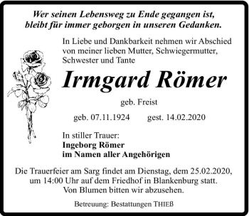 Traueranzeige von Irmgard Römer (geb. Freist)  von Magdeburger Volksstimme