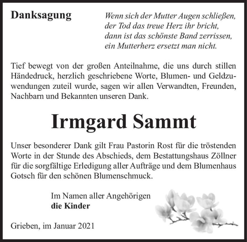  Traueranzeige für Irmgard Sammt  vom 23.01.2021 aus Magdeburger Volksstimme