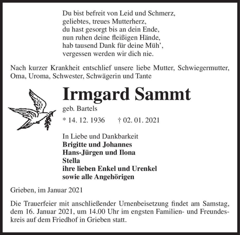  Traueranzeige für Irmgard Sammt (geb. Bartels)  vom 09.01.2021 aus Magdeburger Volksstimme