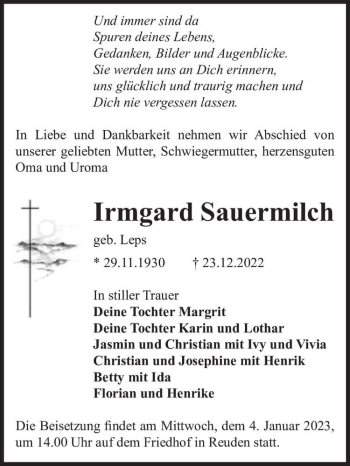 Traueranzeige von Irmgard Sauermilch (geb. Leps)  von Magdeburger Volksstimme