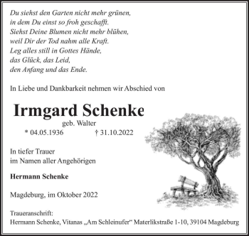 Traueranzeige von Irmgard Schenke (geb. Walter)  von Magdeburger Volksstimme