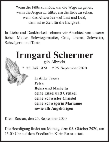 Traueranzeige von Irmgard Schermer (geb. Albrecht)  von Magdeburger Volksstimme