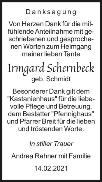 Traueranzeige von Irmgard Schernbeck (geb. Schmidt)  von Magdeburger Volksstimme