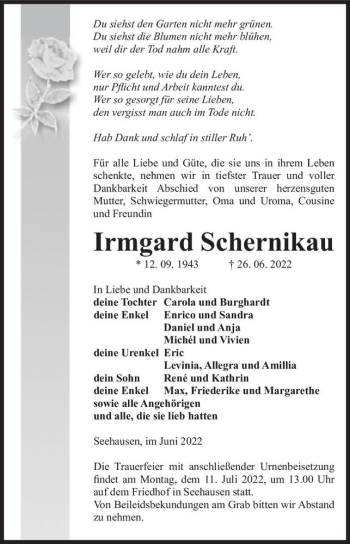 Traueranzeige von Irmgard Schernikau  von Magdeburger Volksstimme