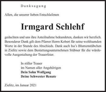Traueranzeige von Irmgard Schlehf  von Magdeburger Volksstimme