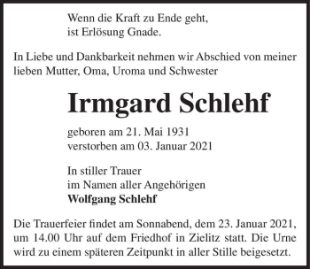 Traueranzeige von Irmgard Schlehf  von Magdeburger Volksstimme