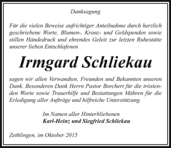 Traueranzeige von Irmgard Schliekau  von Magdeburger Volksstimme