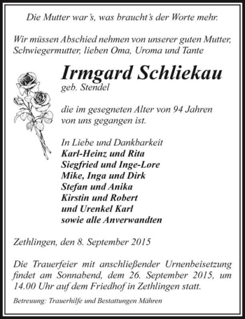 Traueranzeige von Irmgard Schliekau geb. Stendel  von Magdeburger Volksstimme