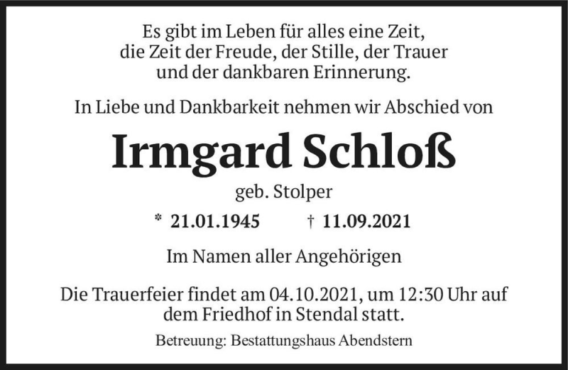  Traueranzeige für Irmgard Schloß (geb. Stolper)  vom 25.09.2021 aus Magdeburger Volksstimme