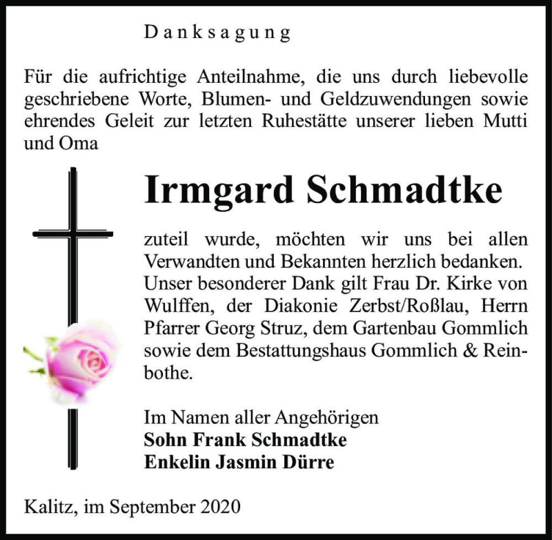  Traueranzeige für Irmgard Schmadtke  vom 12.09.2020 aus Magdeburger Volksstimme
