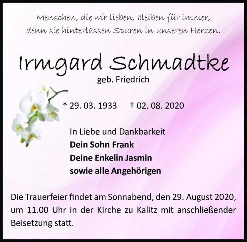  Traueranzeige für Irmgard Schmadtke (geb. Friedrich)  vom 08.08.2020 aus Magdeburger Volksstimme