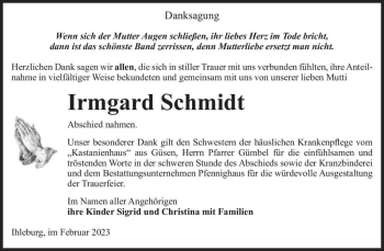 Traueranzeige von Irmgard Schmidt  von Magdeburger Volksstimme