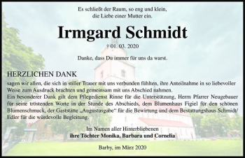 Traueranzeige von Irmgard Schmidt  von Magdeburger Volksstimme