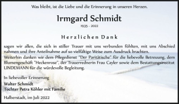 Traueranzeige von Irmgard Schmidt  von Magdeburger Volksstimme