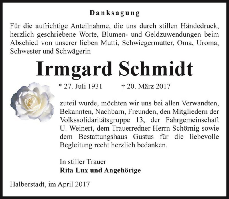  Traueranzeige für Irmgard Schmidt  vom 15.04.2017 aus Magdeburger Volksstimme