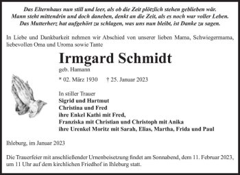 Traueranzeige von Irmgard Schmidt (geb. Hamann)  von Magdeburger Volksstimme