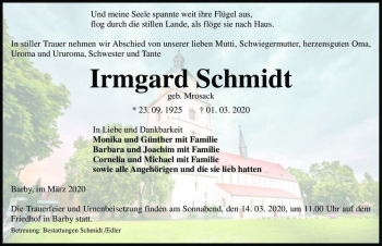 Traueranzeige von Irmgard Schmidt (geb. Mrosack)  von Magdeburger Volksstimme