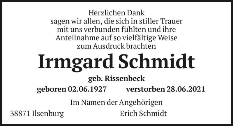  Traueranzeige für Irmgard Schmidt (geb. Rissenbeck)  vom 21.07.2021 aus Magdeburger Volksstimme