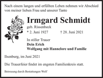 Traueranzeige von Irmgard Schmidt (geb. Rissenbeck)  von Magdeburger Volksstimme