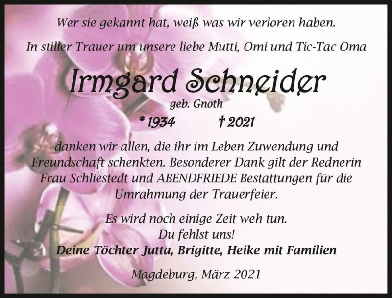  Traueranzeige für Irmgard Schneider (geb. Gnoth)  vom 17.04.2021 aus Magdeburger Volksstimme