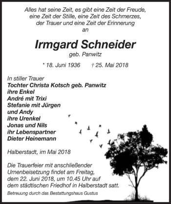 Traueranzeige von Irmgard Schneider (geb. Panwitz)  von Magdeburger Volksstimme
