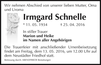 Traueranzeige von Irmgard Schnelle  von Magdeburger Volksstimme